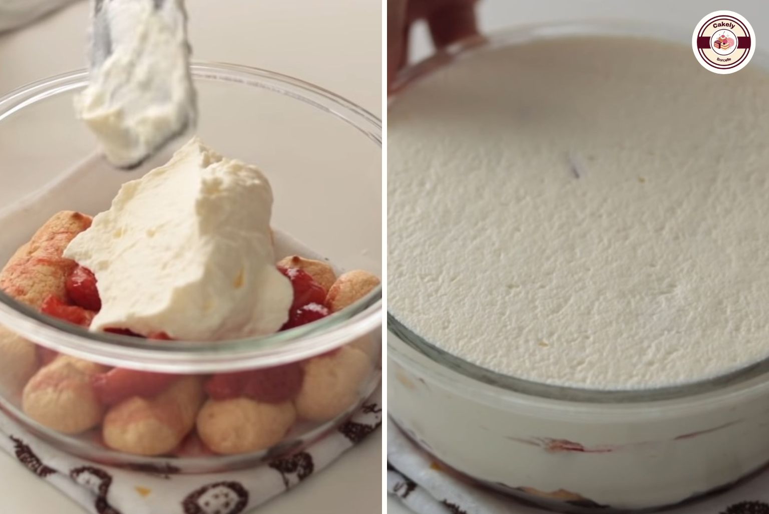 Xếp lớp bánh tiramisu dâu tây với cốt bánh, sốt dâu và kem phô mai