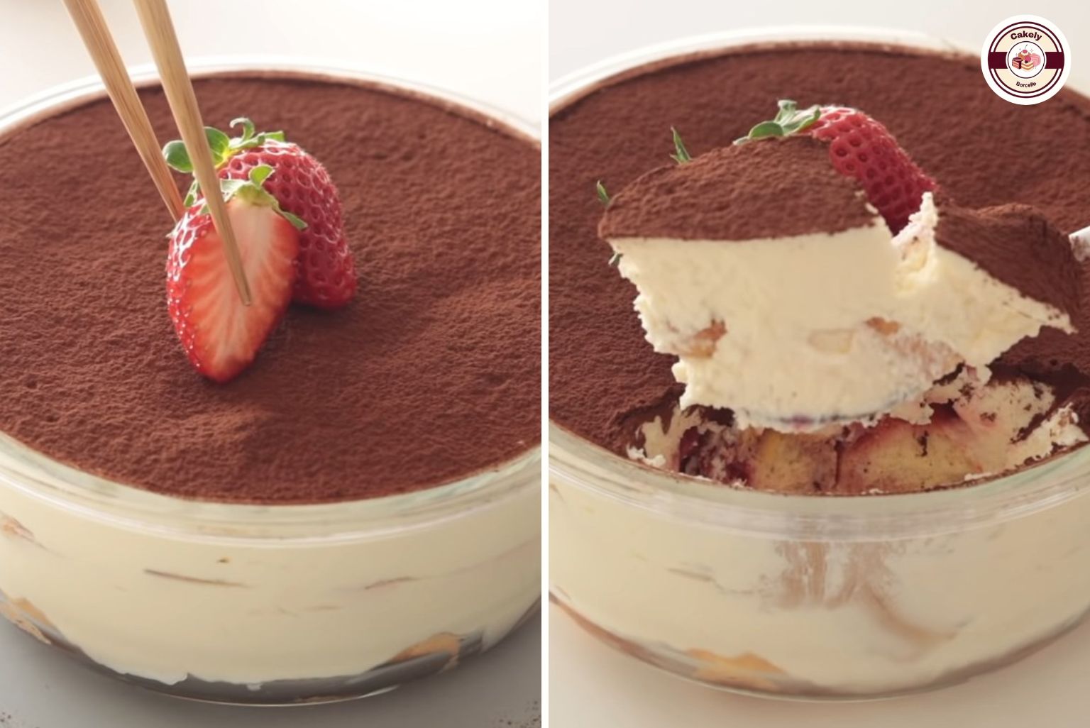 Trang trí bánh tiramisu dâu tây với bột cacao và dâu tây tươi